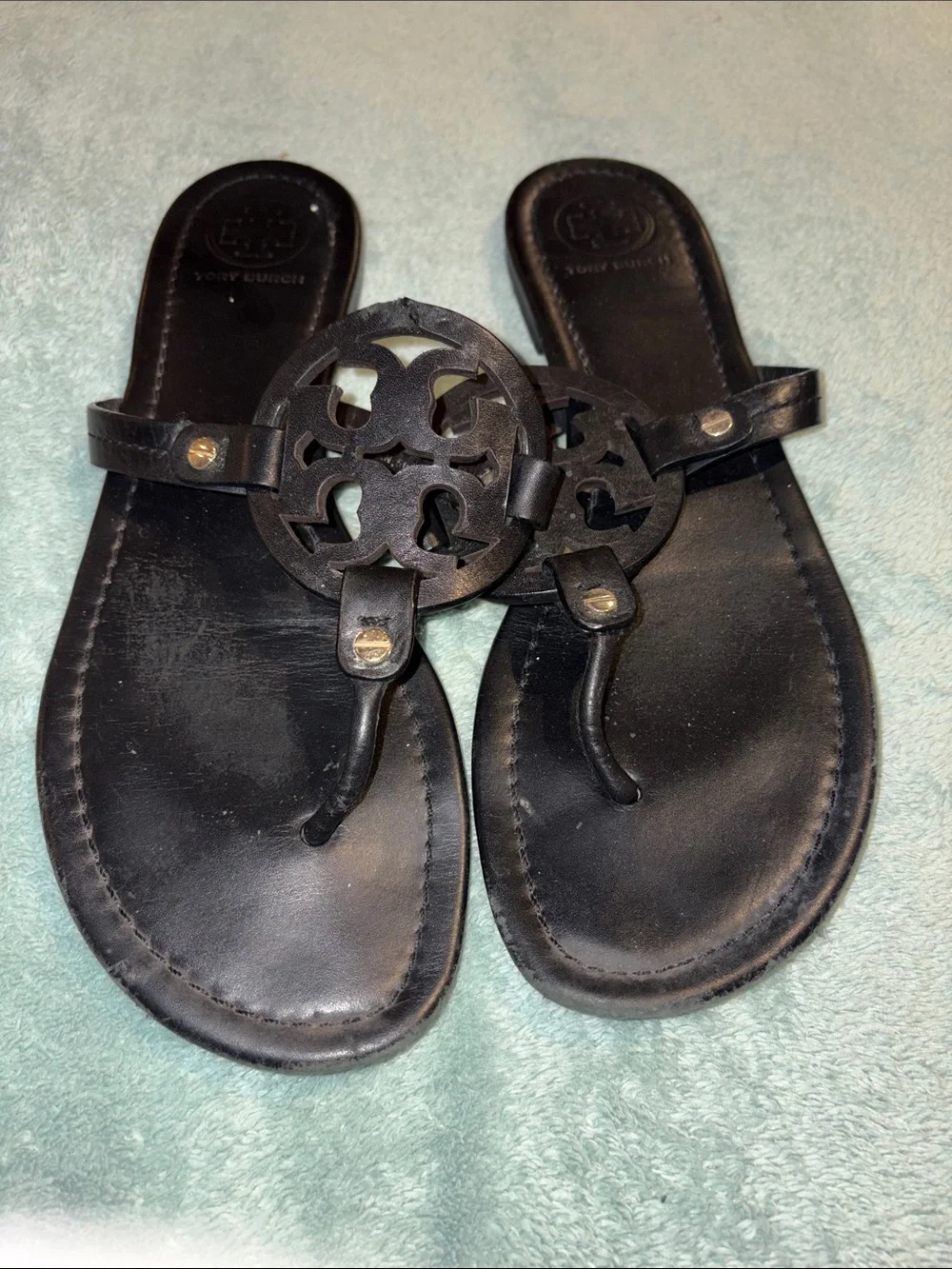 Tory Burch Black Leather Medallion Thong Sandals